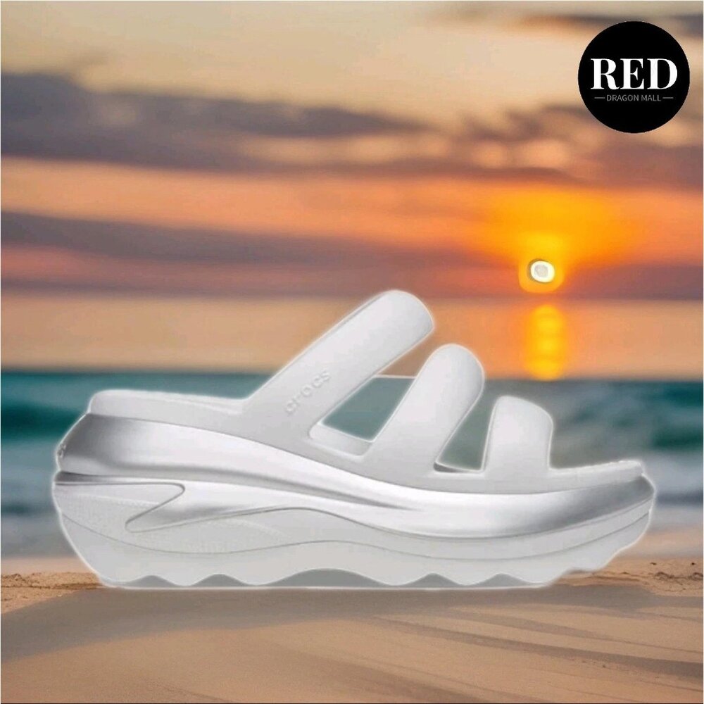Crocs Mega Crush Triple Strap Sandal White Silver 210459-OQ - Women's Size 9